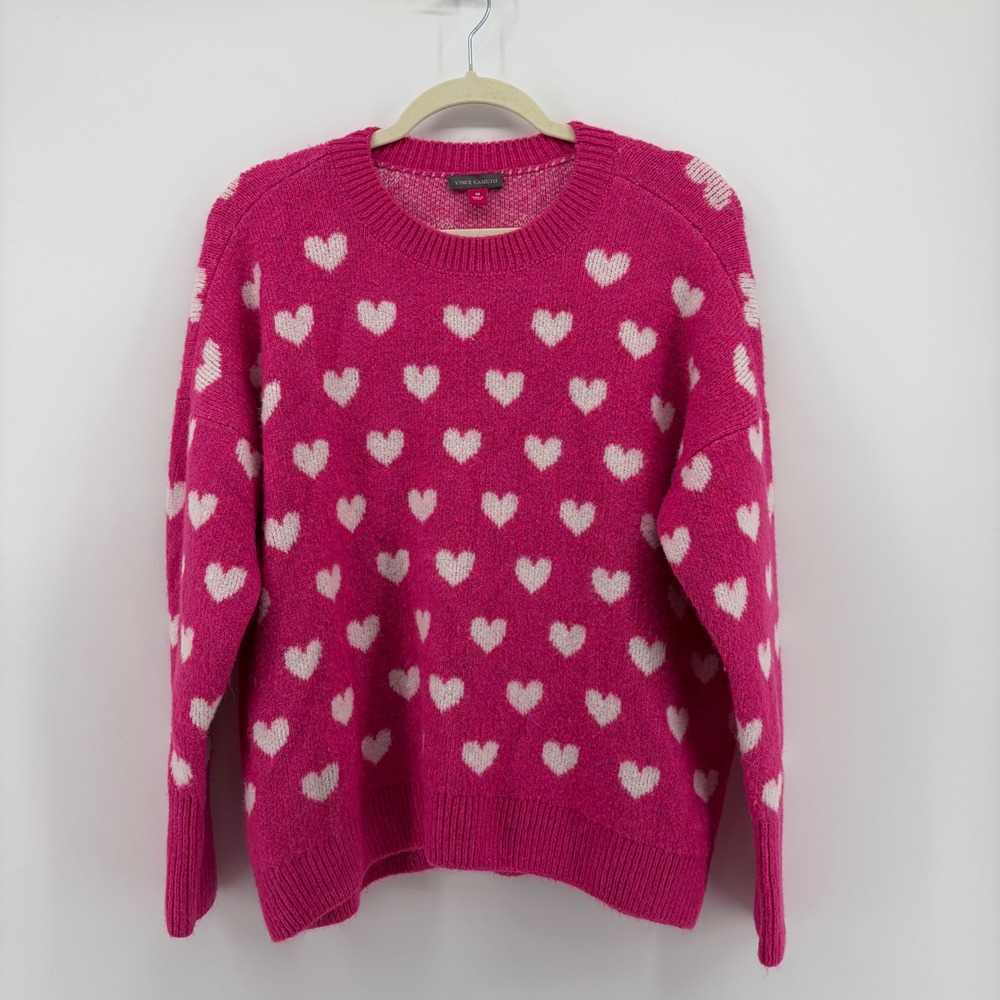 Vince Camuto Womens M Pink Heart Intarsia Crewneck Fuzzy Knit Sweater